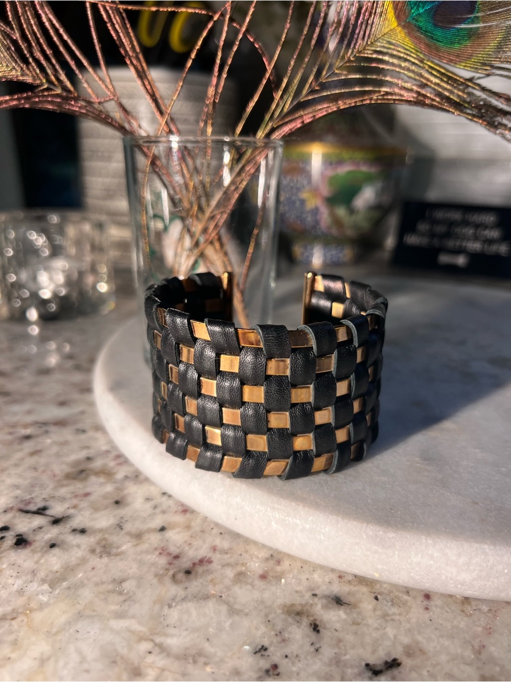 Milor Black & Gold Woven Leather Cuff Bracelet
